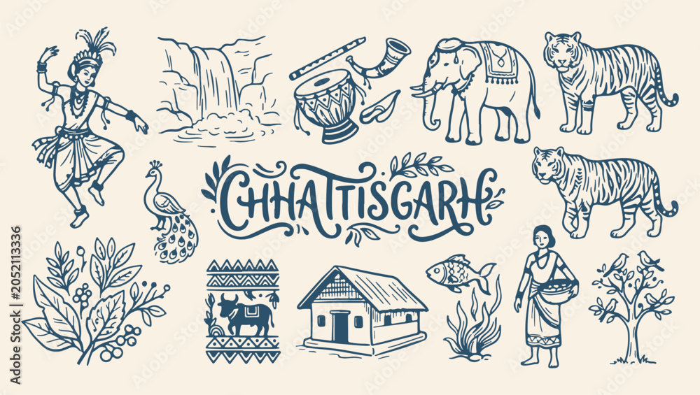 Obraz premium chhattisgarh state tourism culture pattern, tribal india heritage village background, traditional chhattisgarh travel illustration, folk art tribal life print, iconic chhattisgarh landmark design, rus