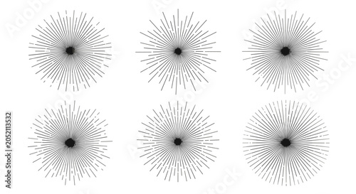 Set of six vintage-style sunburst and starburst icons with thin black rays radiating outward from a central point on a plain white background.