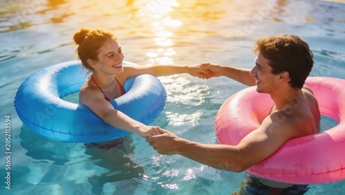 Young couple laughing together while floating in a pool on inflatable rings, summer holiday mood.