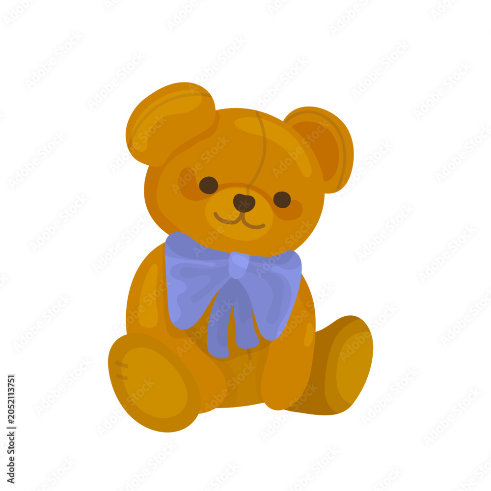 Fototapeta premium Cute teddy bear with blue bow isolated on white background. Sweet toy vector illustration for baby shower cards, nursery prints, stickers and children’s decor.