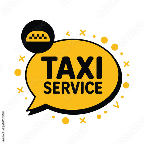 Foto Bright yellow taxi service bubble icon with a checkered cab silhouette