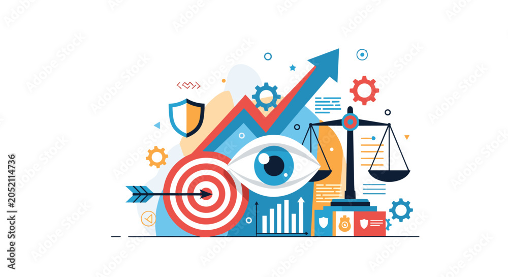 Fototapeta premium Business concept for vision and strategy featuring a large eye icon, target with arrow, balance scales, and various growth charts.