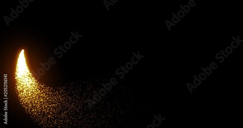 Golden star trail flying around with twinkling particles floating in the air. Gold dust particles glowing moving on black background overlay.