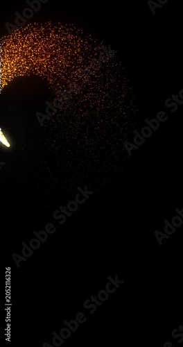 Golden star trail flying around with twinkling particles floating in the air. Gold dust particles glowing moving on black background overlay.