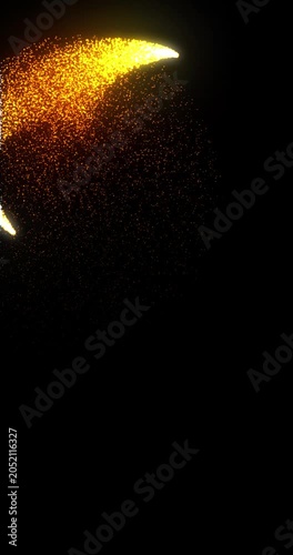 Golden star trail flying around with twinkling particles floating in the air. Gold dust particles glowing moving on black background overlay.