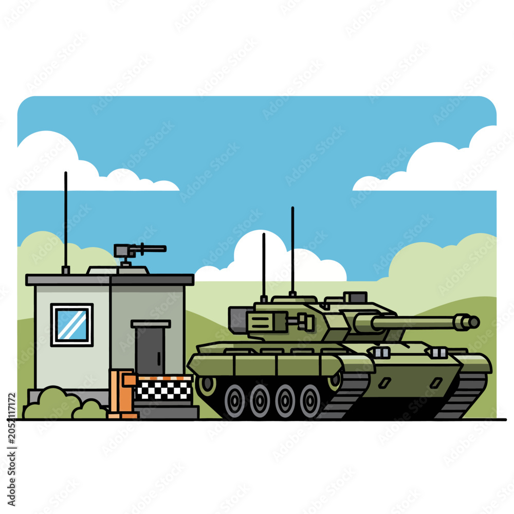 Fototapeta premium Cartoon Tank and Guardhouse Illustration - Military Theme
