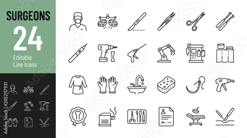 Surgeons and surgery line icon set. Scalpel, surgical lights, robotic arm, medical drill, anesthesia machine, hospital equipment minimal vector illustration. Simple outline signs. Editable Stroke.