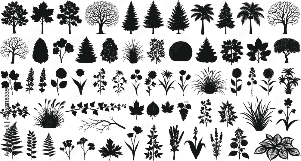 Fototapeta premium Large Black Silhouette Collection of Trees Flowers Plants and Leaves Vector Bundle