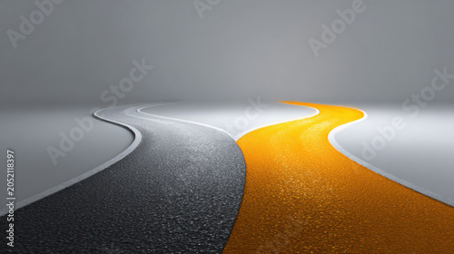 A stark contrast between a dark and a golden road, leading into a foggy, empty space. The image symbolizes choices, paths, and contrasting journeys