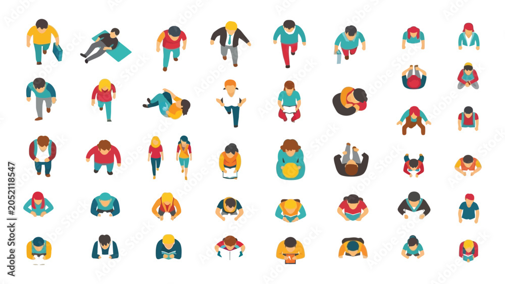 Fototapeta premium People seen from a top-down perspective are depicted as a collection of diverse individuals walking, sitting, and standing in various casual poses.