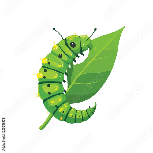 Cute cartoon green caterpillar eating a fresh green leaf.
