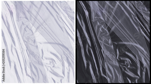 Photos Crumpled plastic wrap texture set, transparent cellophane overlay on black and w
