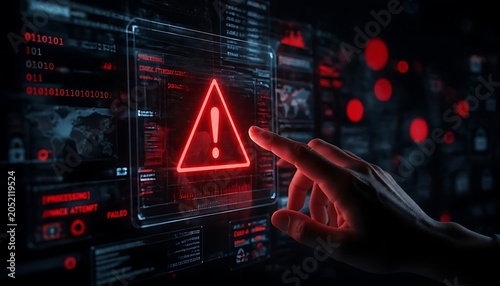 Futuristic Cyber Security Alert: Hand Touching Red Warning Triangle on Digital Interface Screen, Data Breach and Hacking Concept