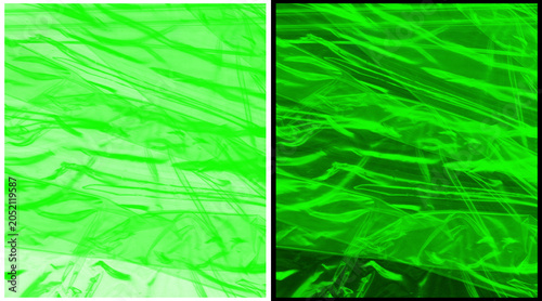 Neon green plastic texture background, crumpled cellophane wrap surface, abstract wrinkled foil material with light reflections and shadows