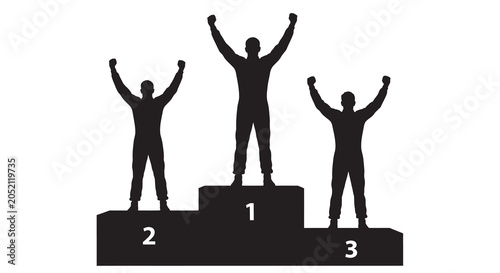 Podium silhouettes with raised arms against a white background