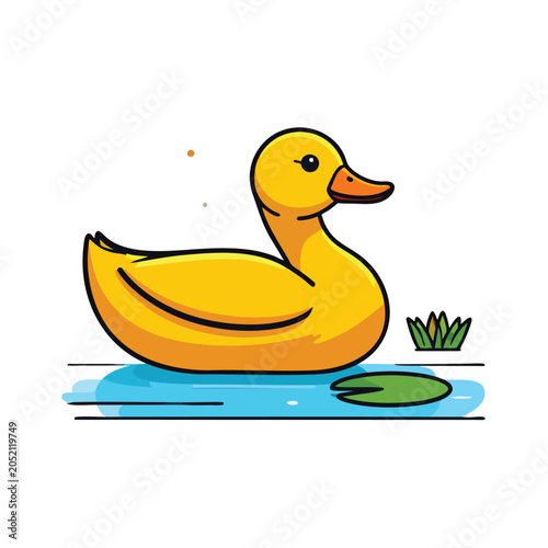 Cute yellow cartoon duck swimming in a pond illustration.