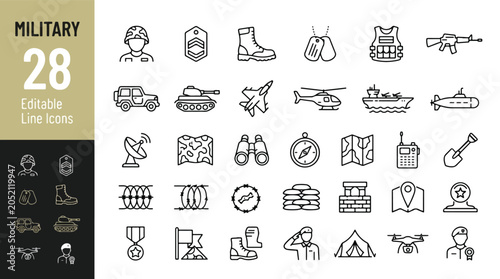 Cuadro en lienzo Military, army line icon set