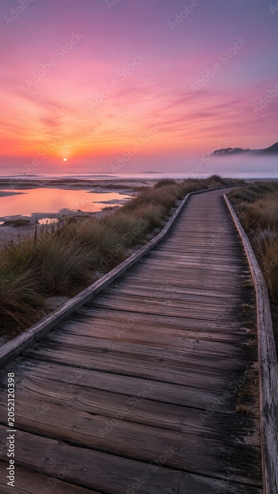 Fototapeta premium Wooden Boardwalk Leading To Misty Pink Beach Sunrise