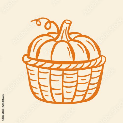 Hand drawn pumpkin in basket. Minimal outline doodle illustration with harvest theme. Perfect for autumn design, seasonal packaging, farmers market and cozy branding.