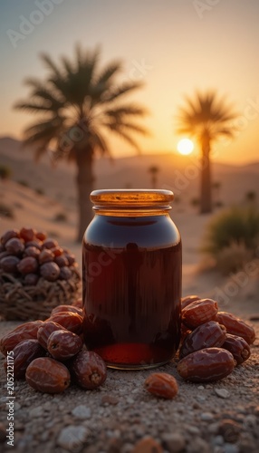 Golden date syrup jar and fresh dates bathed in the warm light of a desert sunset with elegant palm trees
