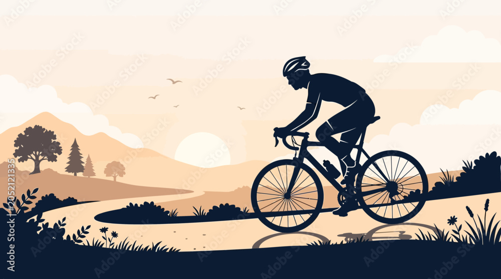 Fototapeta premium Cyclist silhouette riding bicycle on road with landscape at sunset