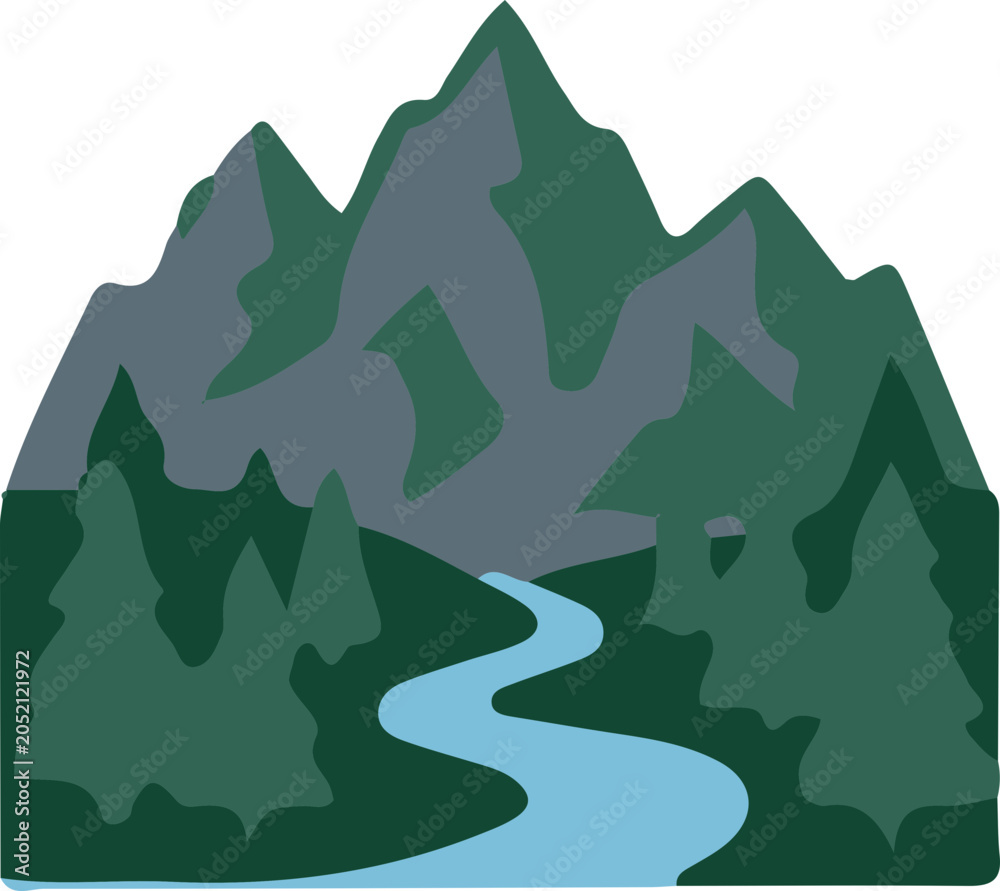 Fototapeta premium Nature landscape vector icon set featuring a diverse collection of mountain scenes combined with natural elements such as clouds, sun, trees, rivers, lakes, forests, valleys, coastlines, and hills. De