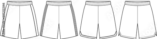 flat sketch set of basketball sports shorts with side stripes and elastic waist on transparent background. vector CAD mockup.