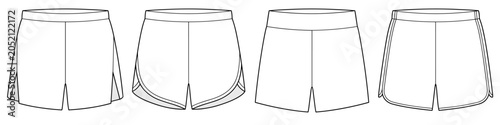 flat sketch set of running dolphin shorts with curved hem and side piping on transparent background. vector CAD mockup illustration.