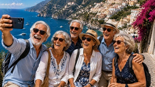 Happy senior friends taking vacation selfie on Mediterranean coast