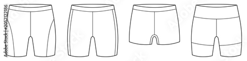 technical drawing set of unisex compression biker shorts with high waist on transparent background. flat sketch CAD mockup vector.