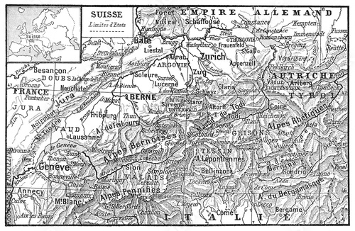 Map of Switzerland and surrounding regions, with detailed cantons, major cities, railways, lakes, and mountains, French text, old vintage illustration, 1897.