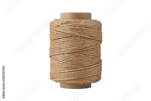 A single spool of thick brown jute twine wrapped tightly around a cardboard cylinder, isolated on a white background, for craft projects