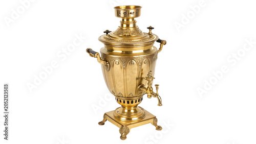 Traditional antique Russian metallic samovar tea pot on a transparent background