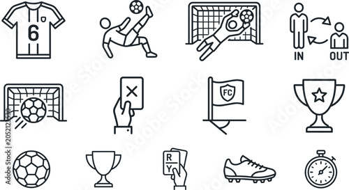 Soccer and football line icons collection with tournament trophy jersey player substitution corner flag and match equipment elements