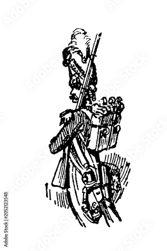 Obraz na plátně Grenadier Imperial Guard, standing soldier in tall bearskin cap, rifle and backpack, old vintage illustration, 1897