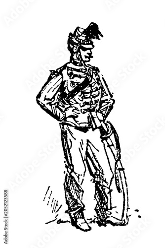 Foto Hussar of the late 19th century in full dress uniform, plumed busby, jacket, and hands on hips, old vintage illustration, 1897