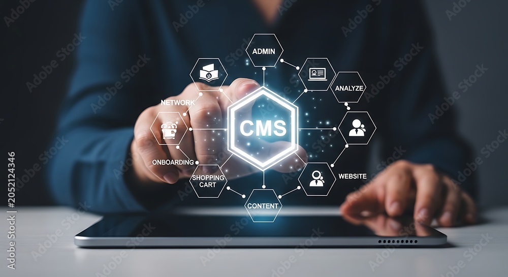 Fototapeta premium Cms content management system digital interface on tablet screen with management development business technology software