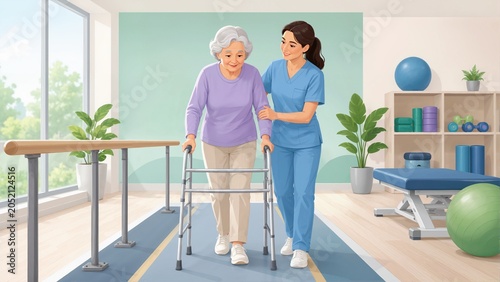 Elderly woman using a walker in a rehabilitation center. Senior patient practicing mobility with a nurse in blue scrubs. Physical therapy and geriatric care illustration