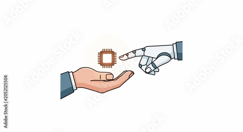 Human hand offering a microchip to robot.