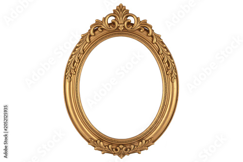 An ornate oval frame with intricate golden carvings and decorative floral details, isolated on a solid black background, for easy editing