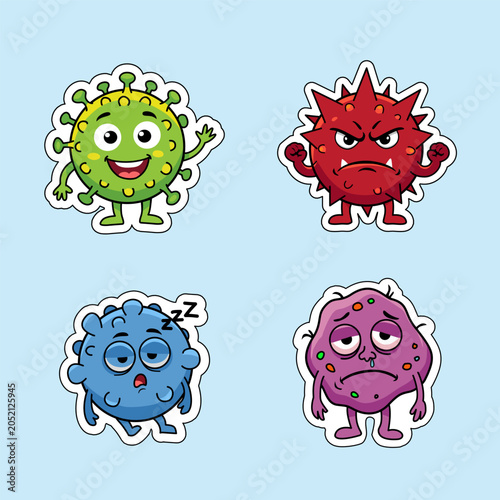 Set of cute cartoon virus characters showing different emotions and conditions including happy, angry, sleepy and sick. Colorful medical mascot collection designed as sticker-style vector illustration