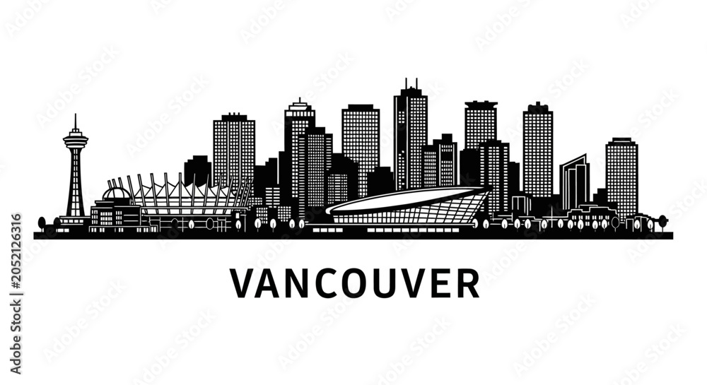 Obraz premium Vancouver Cityscape Skyline - Black Silhouette on White