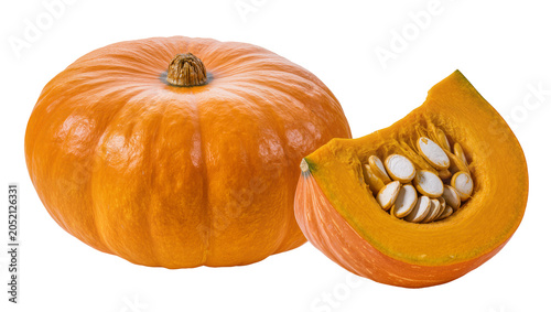 Photography Whole orange pumpkin and slice with seeds