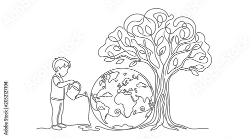 Child Watering Planet Earth: Environmental Conservation Line Art
