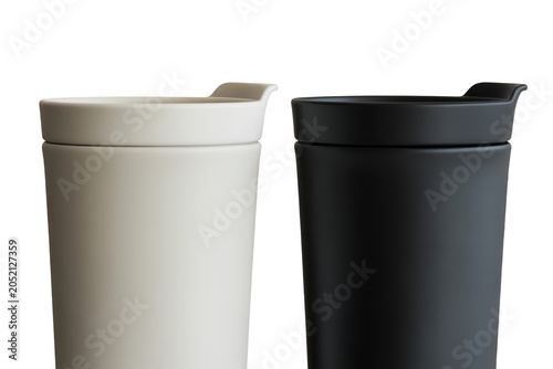 Two reusable travel coffee mugs, one white and one black, standing side by side isolated on a white background, for beverage consumption