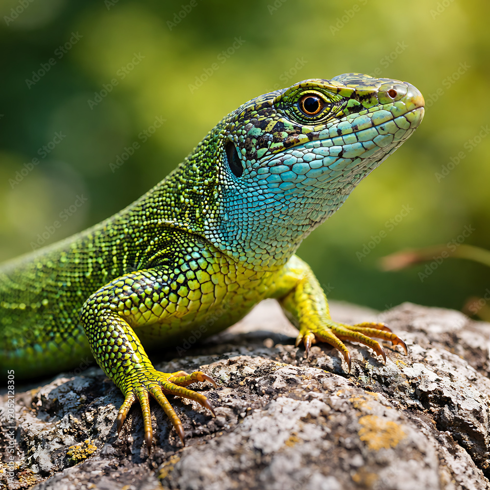 Fototapeta premium Green lizard resting on textured rock in natural habitat
