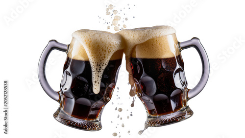 Tableau sur toile Two dark beer mugs clinking with overflowing foam and splashes