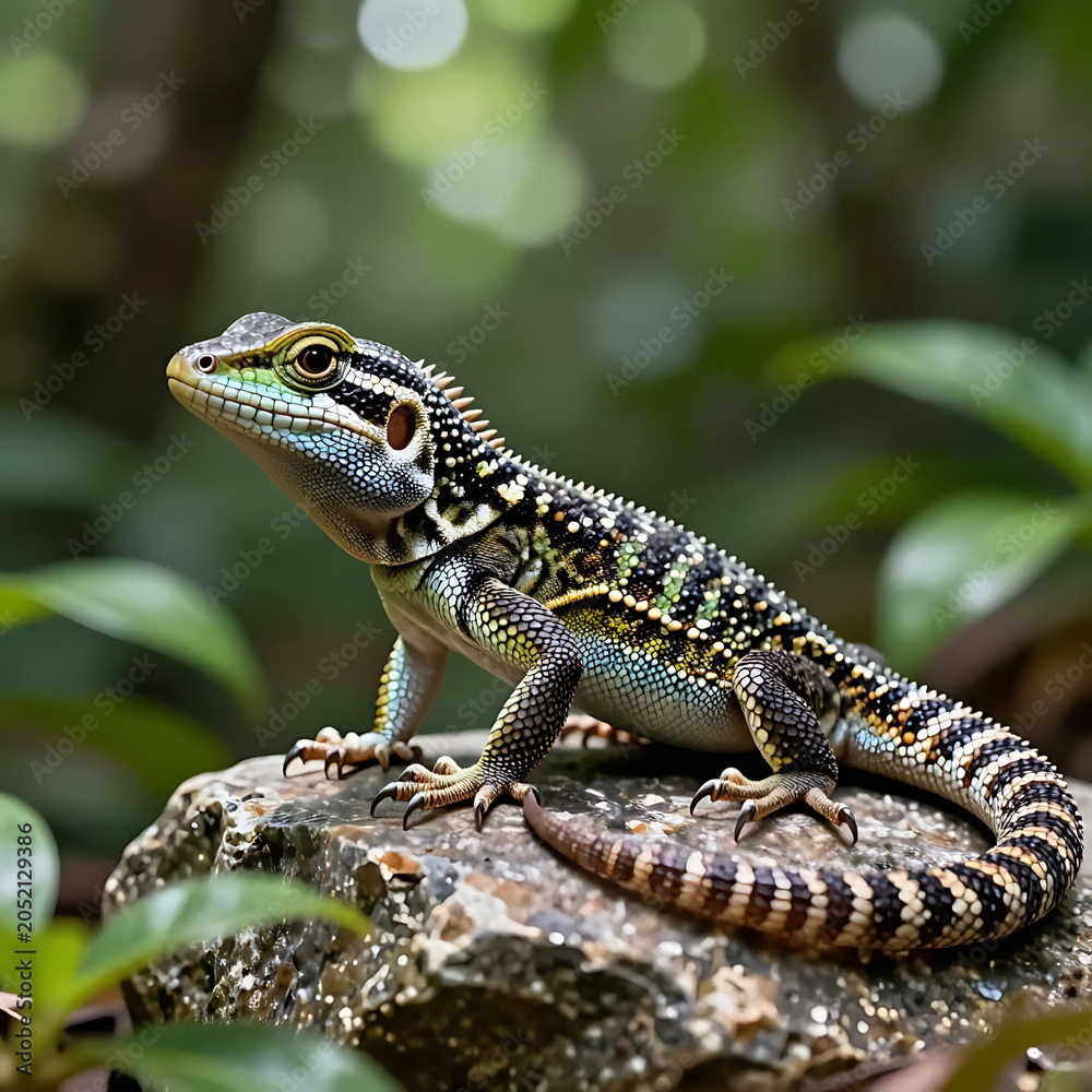 Fototapeta premium Green lizard resting on moss-covered rock in forest environment