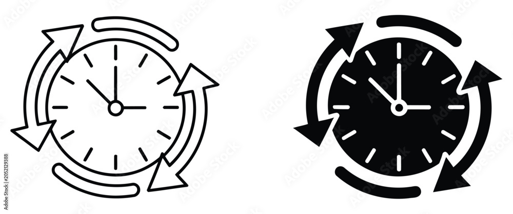 Fototapeta premium Clock icon with circular arrow cycle symbol representing time reset, recurring events, refresh schedules, and automated timing systems for UI and application design, vector, designs