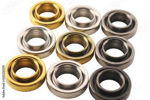 A collection of various metal rings or washers in gold, silver, and dark grey colors arranged on a solid black background, for industrial use
